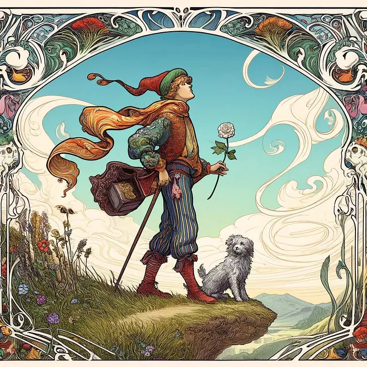 The Fool archetype from Tarot, a young man walking gingerly towards a cliff