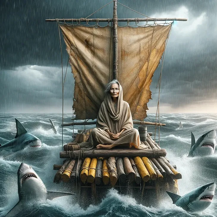 Woman sits on raft surrounded by sharks