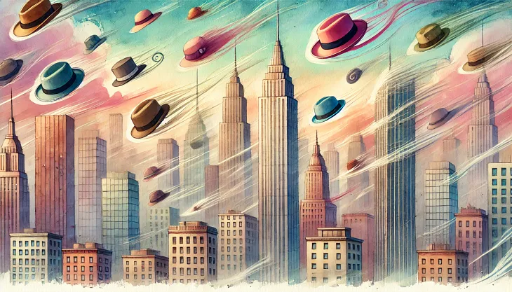 Whimsical watercolor of many hats flying in the wind over a city.