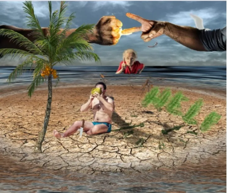 Man on a deserted island drinking from a coconut. “HELP” is spelled out in palm fronds. Two giant hands play rock-paper-scissors in the sky as an angry old woman in the water shakes her finger.