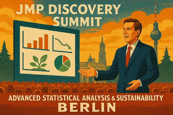 Man speaks before an audience. The screen on the left shows analytical tools, graphs, and a plant. On the backround is the skyline of Berlin.