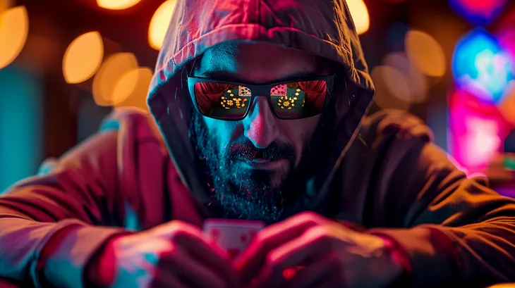 Photo of a poker player with hoodie, wearing sunglasses, very focused on playing poker, dramatic scene, colorful lights, AI image generated on MidJourney V6 by Henrique Centieiro and Bee Lee