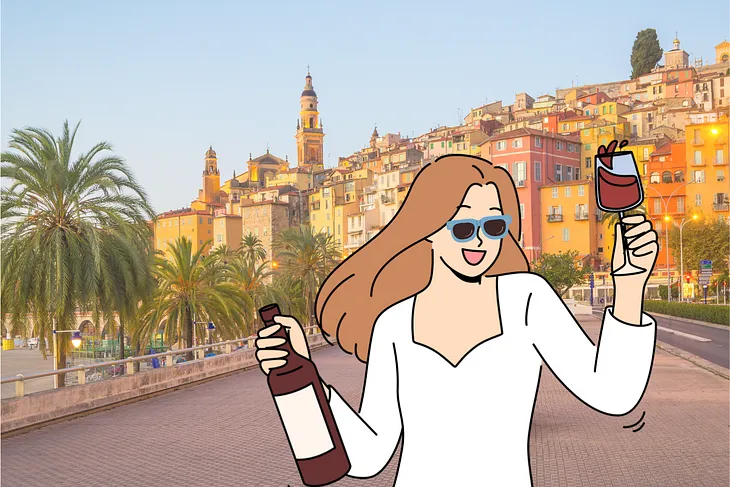 Cartoon drawing of a woman with a bottle of wine and a full glass, in front of a picturesque photo of a French town on the cost of the Mediterranean