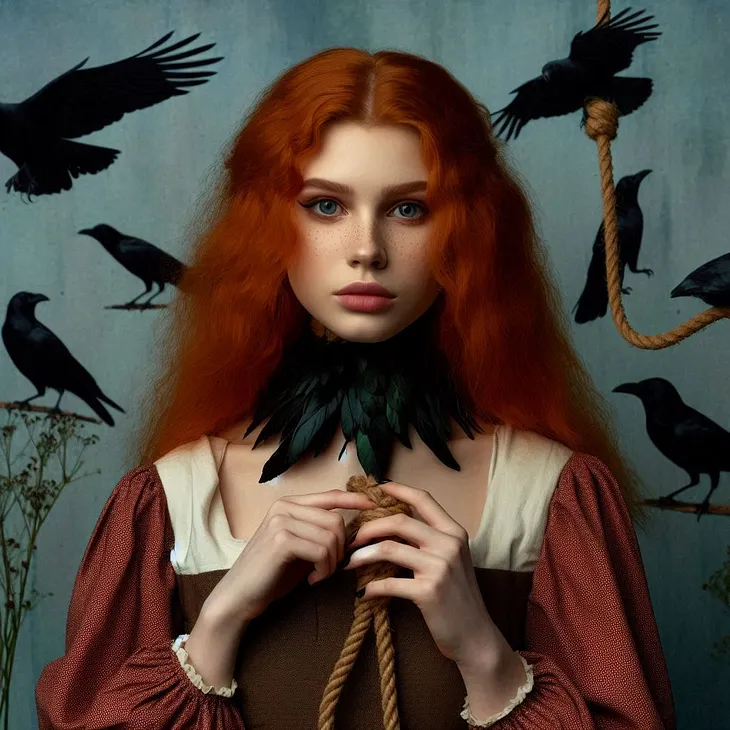 A blank-faced, young, red-haired woman surrounded by crows. She holds a noose in her hands.