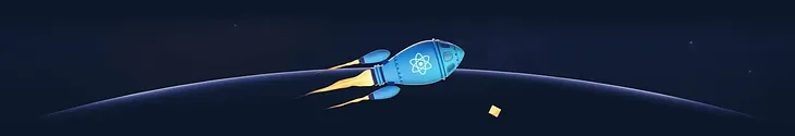 A rocket, featuring the React logo, soaring across the sky