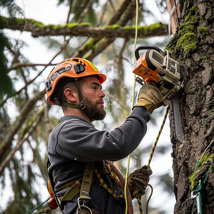 An arborist trimmed tree with chainsaw.