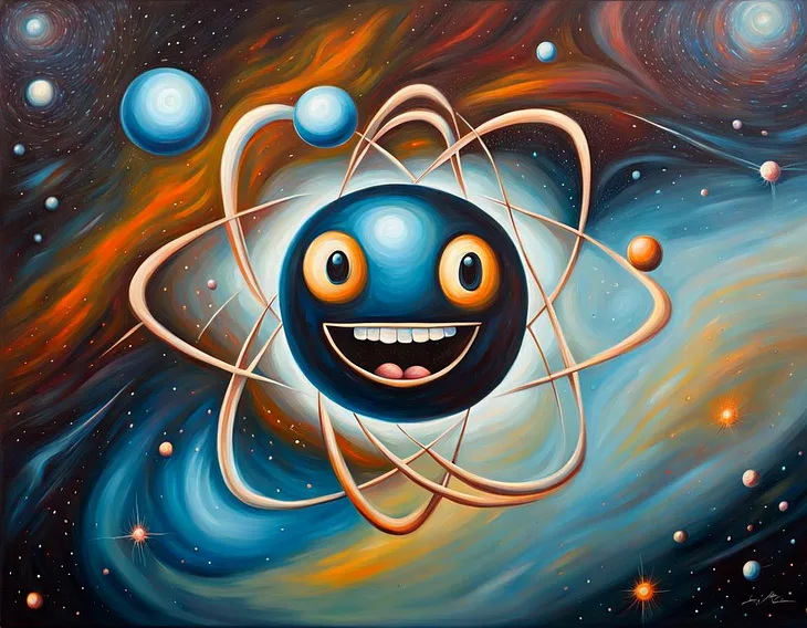 A cartoon image of an atom with a smiling face, floating in space.