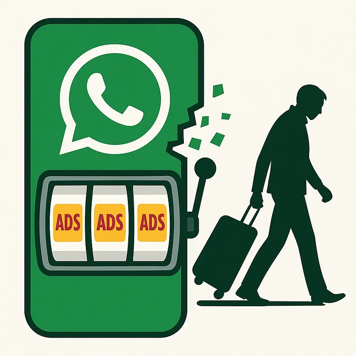IMAGE: A green WhatsApp icon morphs into a slot-machine labelled “ADS” while a silhouetted traveller wheels a suitcase away