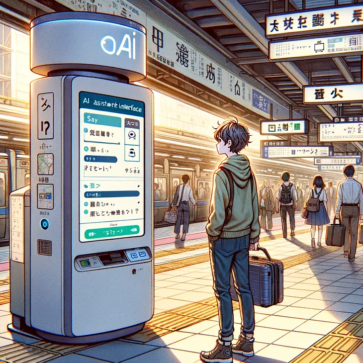 Person standing in front of a Station Computer Kiosk System in the future. Anime Style. AI Generated Image. Idea by the Author.