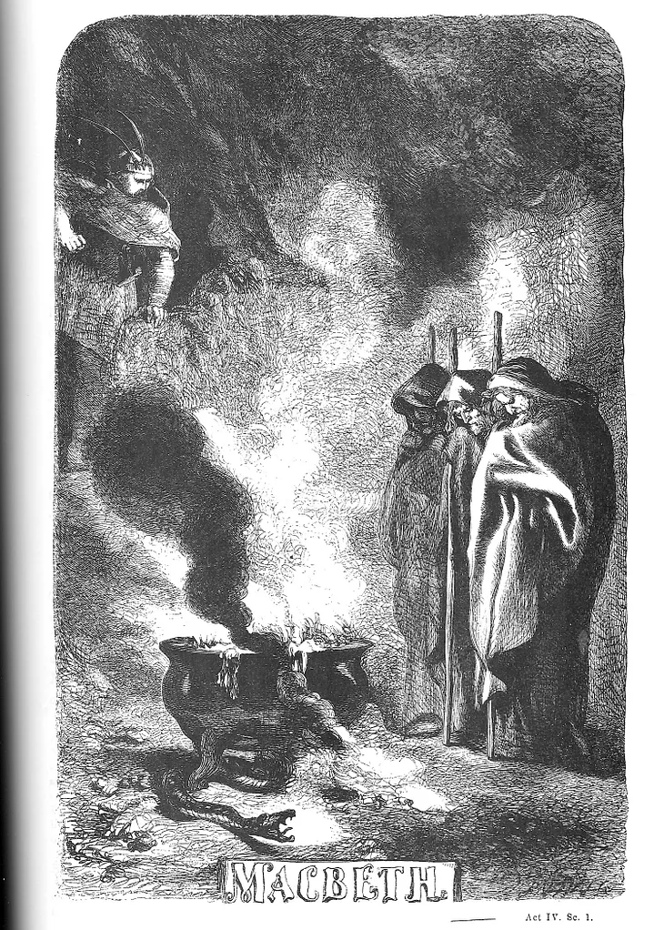 A black and white engraving illustrating the scene with the witches from Macbeth.