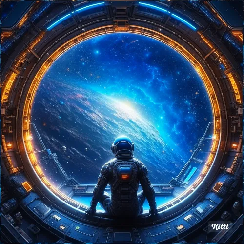 An astronaut looks through his space ship’s round portal into the darkness of space.