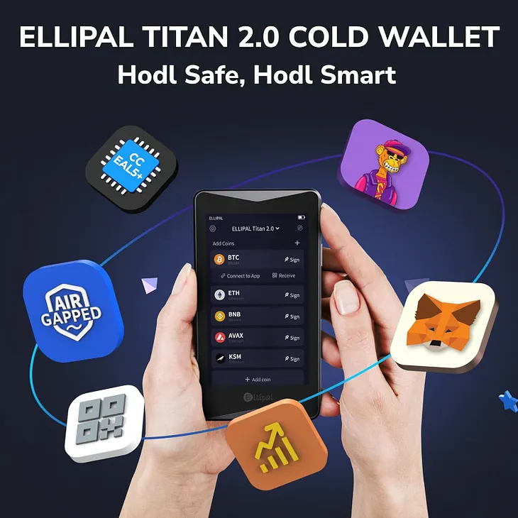 There is an Ellipal Titan Crypto hardware wallet in the picture with various aplications like Metamask around it