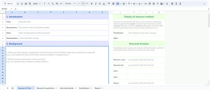 UX Pre-research — User interview template — Google sheets
