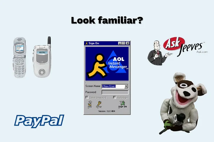 A photo collage showing artifacts of the dot com era — old cell phones, AOL’s login pop-up, Ask Jeeves logo, Pets.com sock puppet, and PayPal’s original logo