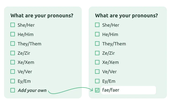 A multi-select pronoun selector with a variety of pronoun options, ending with a “Add your own” type-in field