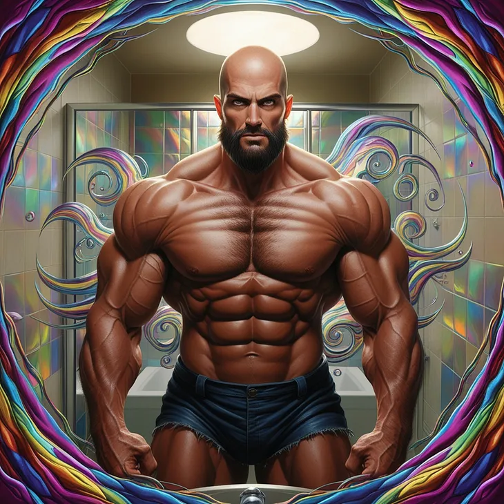 A bald muscular man with medium beard sees himself as the God looking in the bathroom mirror (it was me in 2021)