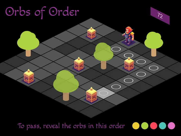 An isometric board is diamond shaped with 8 by 8 grid of squares showing the player at top and a four lanterns amongst trees. The game is to reveal orbs behind the lanterns in the order provided at the bottom. A game timer is at the top right.
