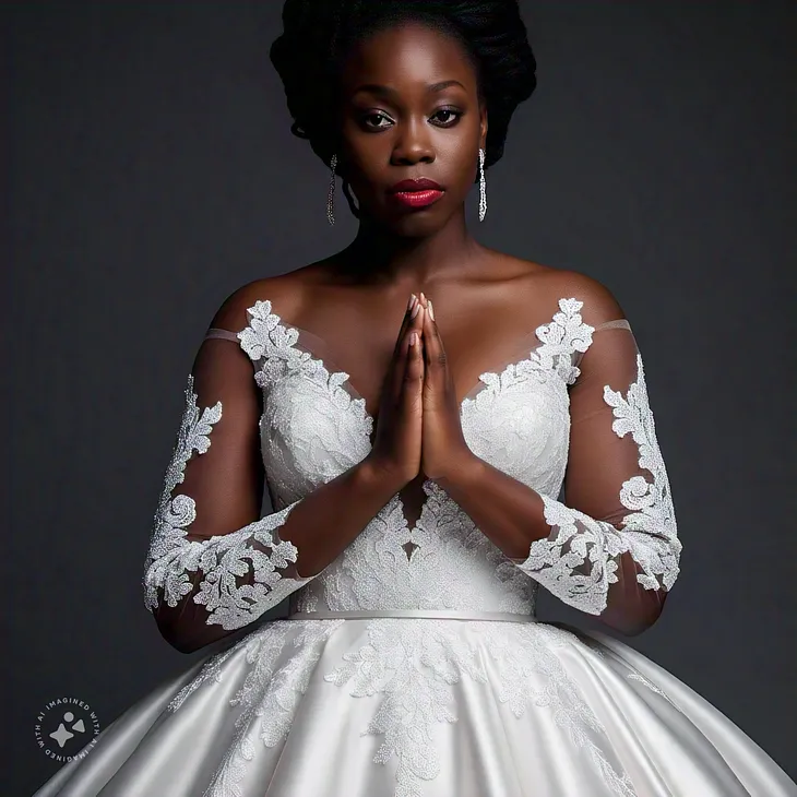 A sad beautiful black woman in a pretty wedding dress. Meta AI