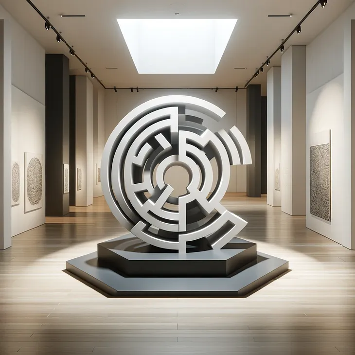 The gallery displays a prominent 3D sculpture inspired by the Amiens labyrinth, with monochrome tones and a maze-like design. The white walls and wooden floors accentuate the artwork, with additional pieces on the walls and gentle shadows from overhead lights.