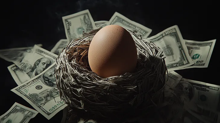 A hyper-realistic image of a large brown egg resting in a nest made from shredded U.S. 100-dollar bills. The nest is surrounded by scattered, whole 100-dollar bills, giving a sense of wealth and investment. The dark background contrasts with the light on the egg and money, emphasizing the concept of a financial “nest egg.”