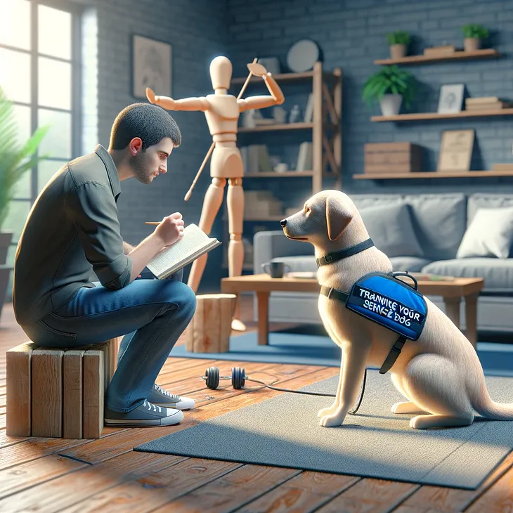 A photorealistic image of a person in a home setting, actively engaged in training a focused and responsive dog, illustrating the process of self-training a service dog. The scene captures the concentration and dedication required in teaching the dog task-related activities or basic obedience.