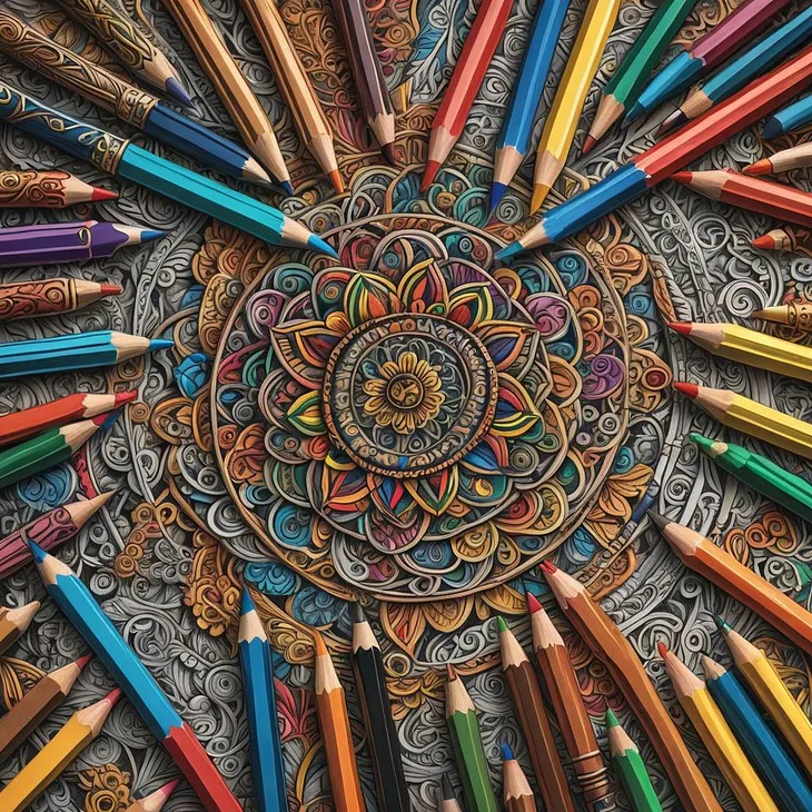 A colorful mandala with an array of colored pencils lying on top