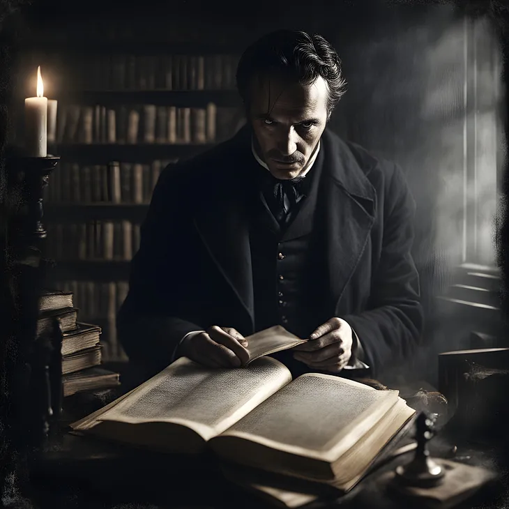 A stern man in a suit, madly studying an old book. Shadows swirl around him.