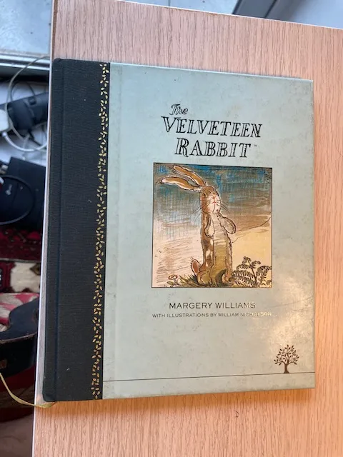 The cover of a copy of “The Velveteen Rabbit” with the title and a picture illustration of a rabbit.