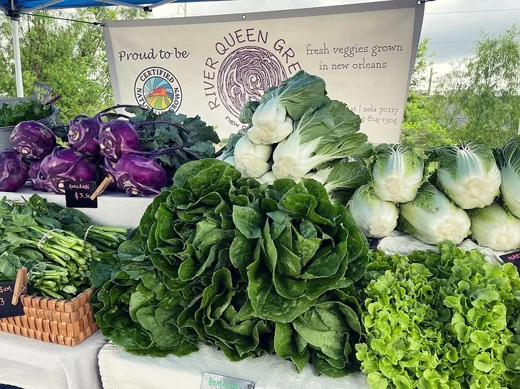 Farmers’ Market table full of bok choy, salad greens, purple cabbage, and herbs from River Queen Greens — a Certified Naturally Grown Vegetable Farm in NOLA.