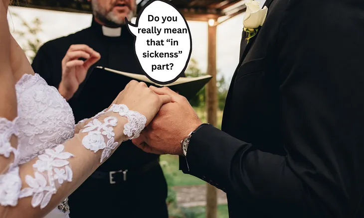 couple getting married, priest is asking man if he means it.