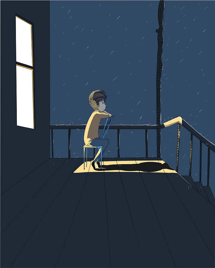 A boy sitting alone, in the light from the window, on a balcony at night. Light rain is falling.