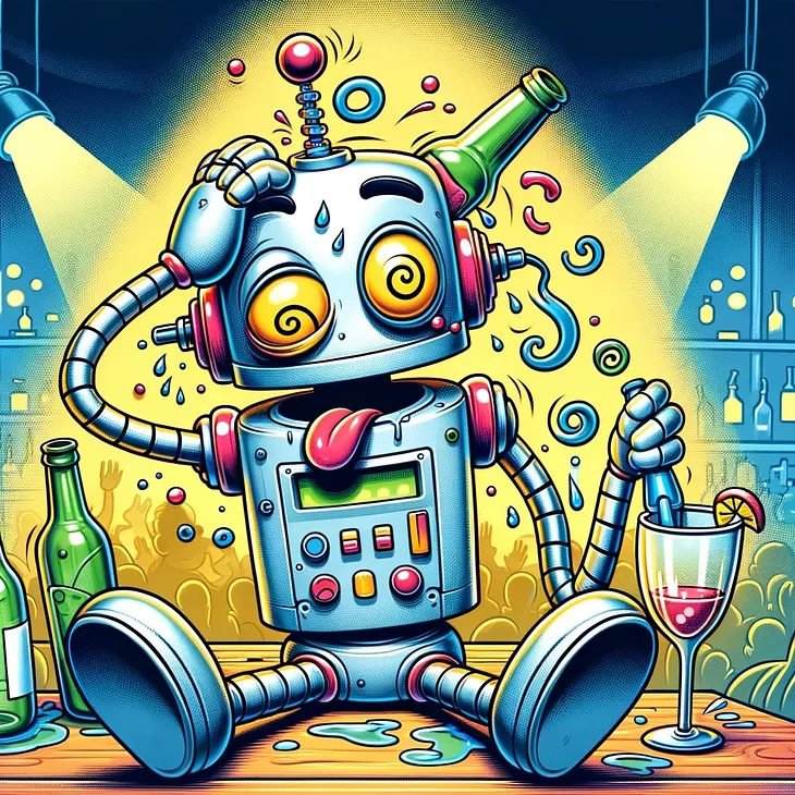 IMAGE: A cartoon-style illustration of a comically drunk robot, depicted with a silly, exaggerated expression and slightly off-balance