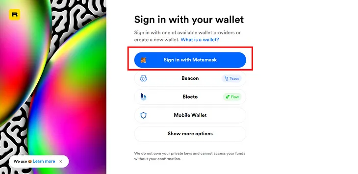 Sign in to Metamask button on Rarible.