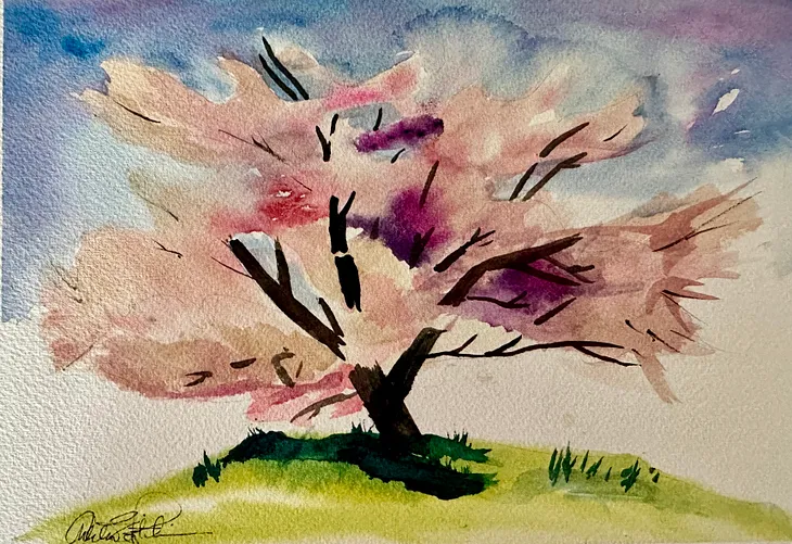 Watercolor painting of pink flowering tree on a grassy knoll under blue skies.