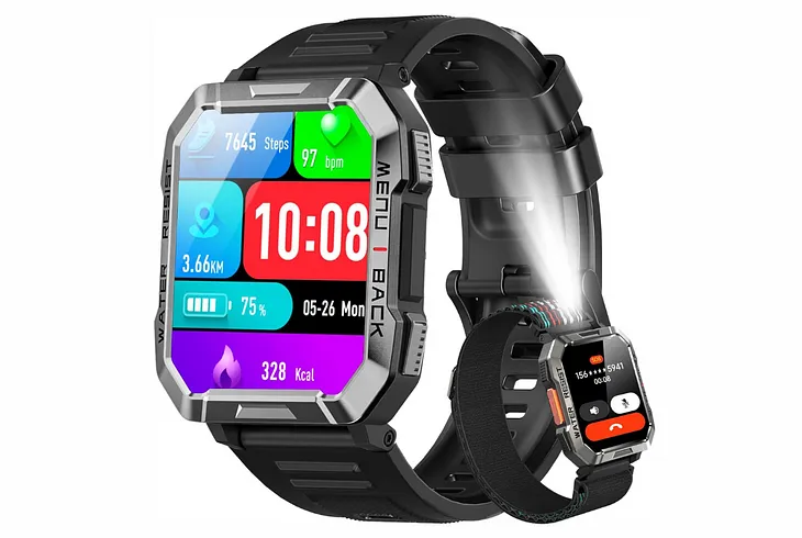 Military Smart Watch for Men with rugged design, featuring a 2.01-inch HD screen, LED flashlight, compass, and two interchangeable straps (silicone and nylon). The watch offers 100+ sports modes, health monitoring (heart rate, SpO2, sleep), and long battery life (100 days standby, 30 days daily use). Ideal for outdoor activities and fitness tracking, with IP68 waterproof rating, call and text features, and AI voice assistant compatibility with iPhone and Android