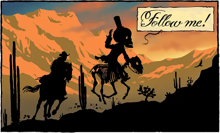 Two silhouetted characters gallop against a mountain sunset background. One is a cowboy, the other a skeleton riding a skeletal horse.