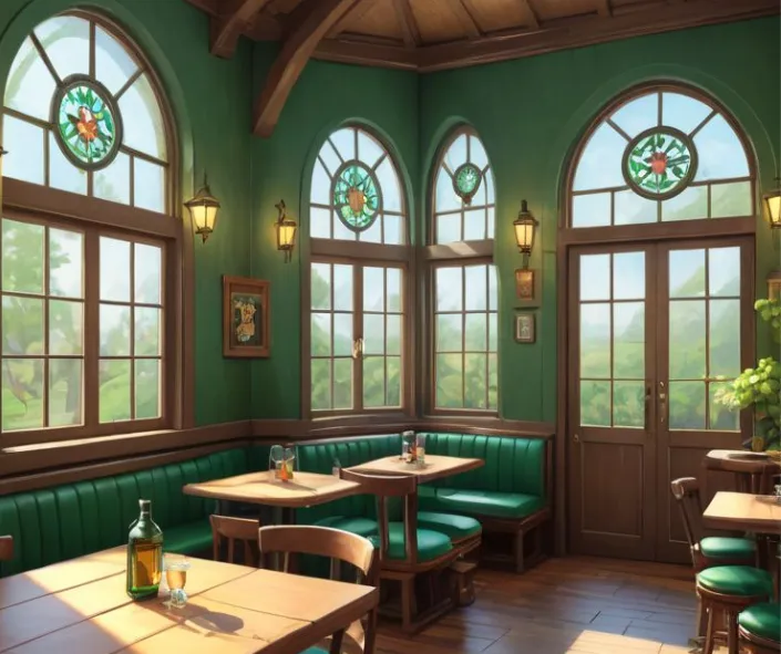 A cute, bright tavern with big windows, green seats and walls, and wood floors. The same wood frames the doors and windows.