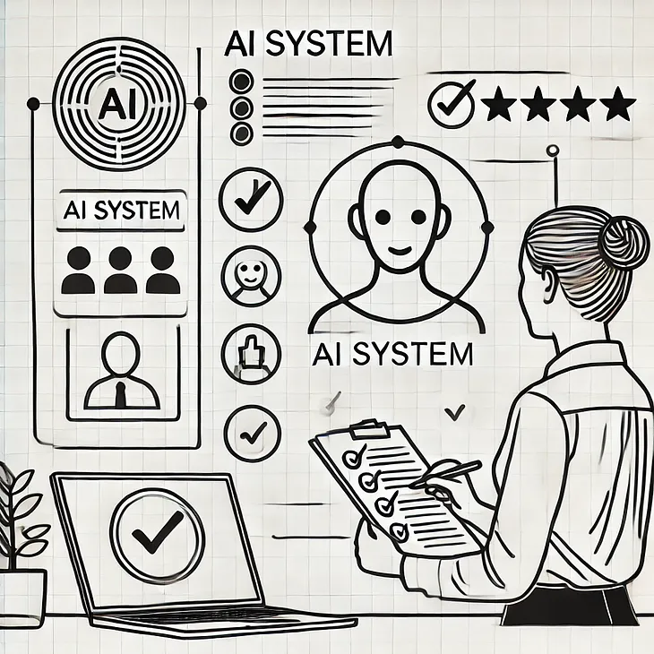 This image is a minimalist black-and-white line drawing. It shows a person seated, interacting with an AI interface on a laptop, labelled as an “AI system”. Above the AI screen, there are feedback icons, such as a thumbs-up and rating stars, indicating transparency about what the AI can and can’t handle. Nearby, a second person stands with a checklist, symbolising verification. The scene takes place in a simple, professional workspace.