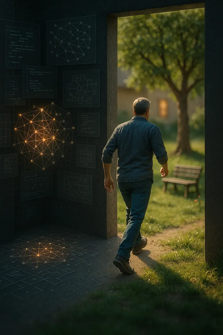 Photorealistic 3D tilt-shift diorama: Miniature man steps out of a dim, complex ‘escape room’ zone into a bright, warm miniature garden with trees and a bench, symbolizing escaping work intensity for grounded reality