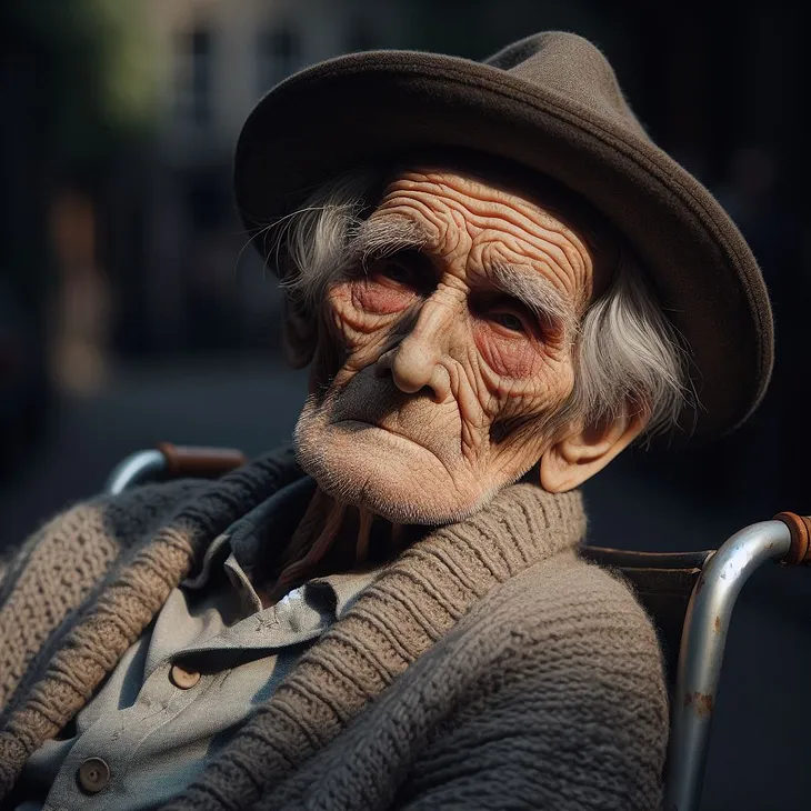 An old man wearing a hat and a sweater, slumped in a wheelchair. AI generated original photo.