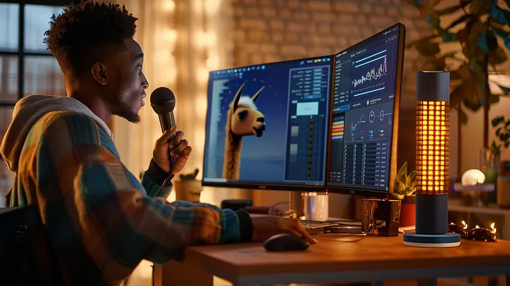 A developer uses KubeVox, speaking into a microphone to control Kubernetes. Two monitors show dashboards and a llama image. A stylish lamp illuminates the scene.