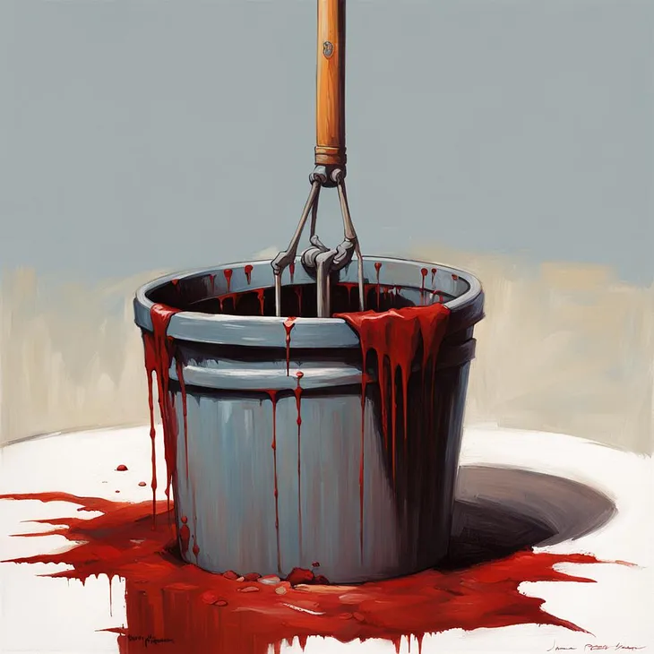 A mop in a bloody metal bucket against a stark white and grey background.