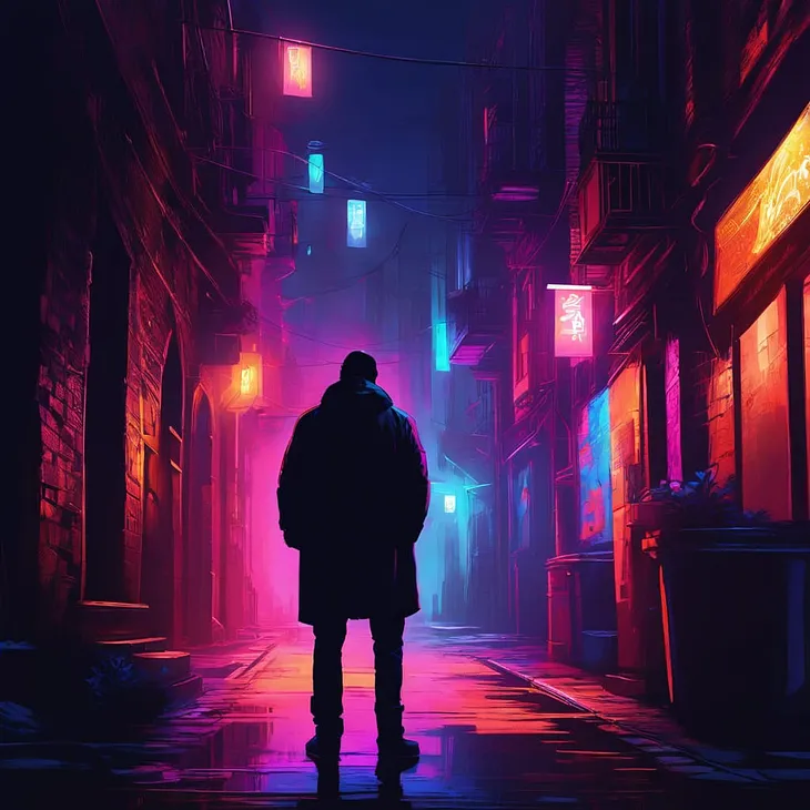 A shadowy figure standing at the entrance of a dark alleyway, with the neon lights of the city in the background, creating a contrast between the vibrant city and the hidden, mysterious world Sanjay is entering