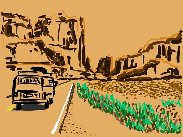 Drawing —Road trip mini van crossing the desert