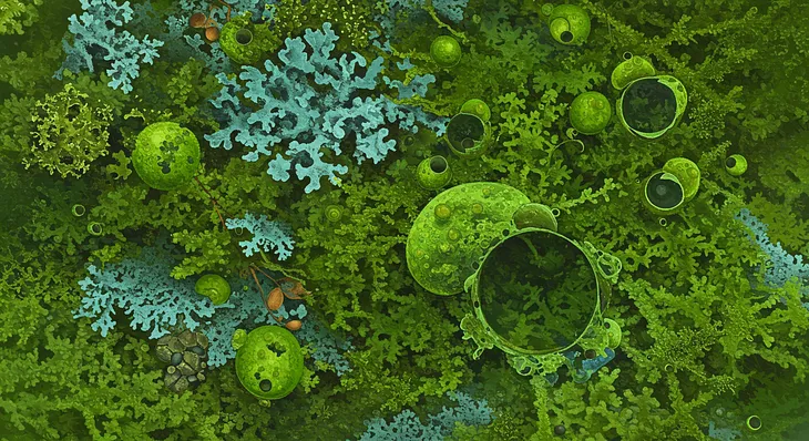 Digital art of green flora and organisms