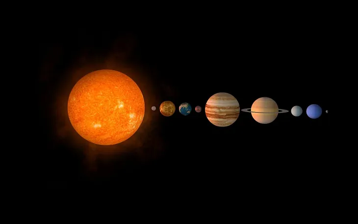 The image shows a depiction of the solar system with the Sun on the left, followed by all the planets arranged in order of their distance from the Sun. The planets, from left to right, are Mercury, Venus, Earth, Mars, Jupiter, Saturn, Uranus, and Neptune. The background is black, highlighting the bright colors of the Sun and planets.