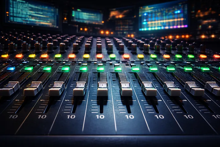 Image of an audio control board with all knobs turned to the maximum setting.