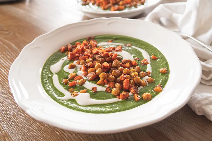 Mint-Spinach Soup with Crispy Carrots and Chickpeas