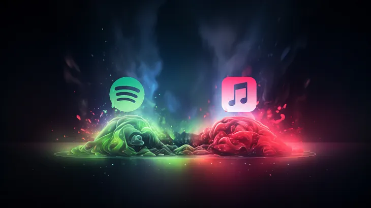 Spotify and Apple Music logos above swirling colored clouds