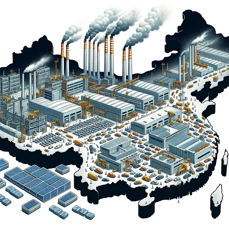 IMAGE: A map of China with automotive, battery, and solar panel factories, each with smokestacks emitting a significant amount of smoke, capturing a busy industrial scene